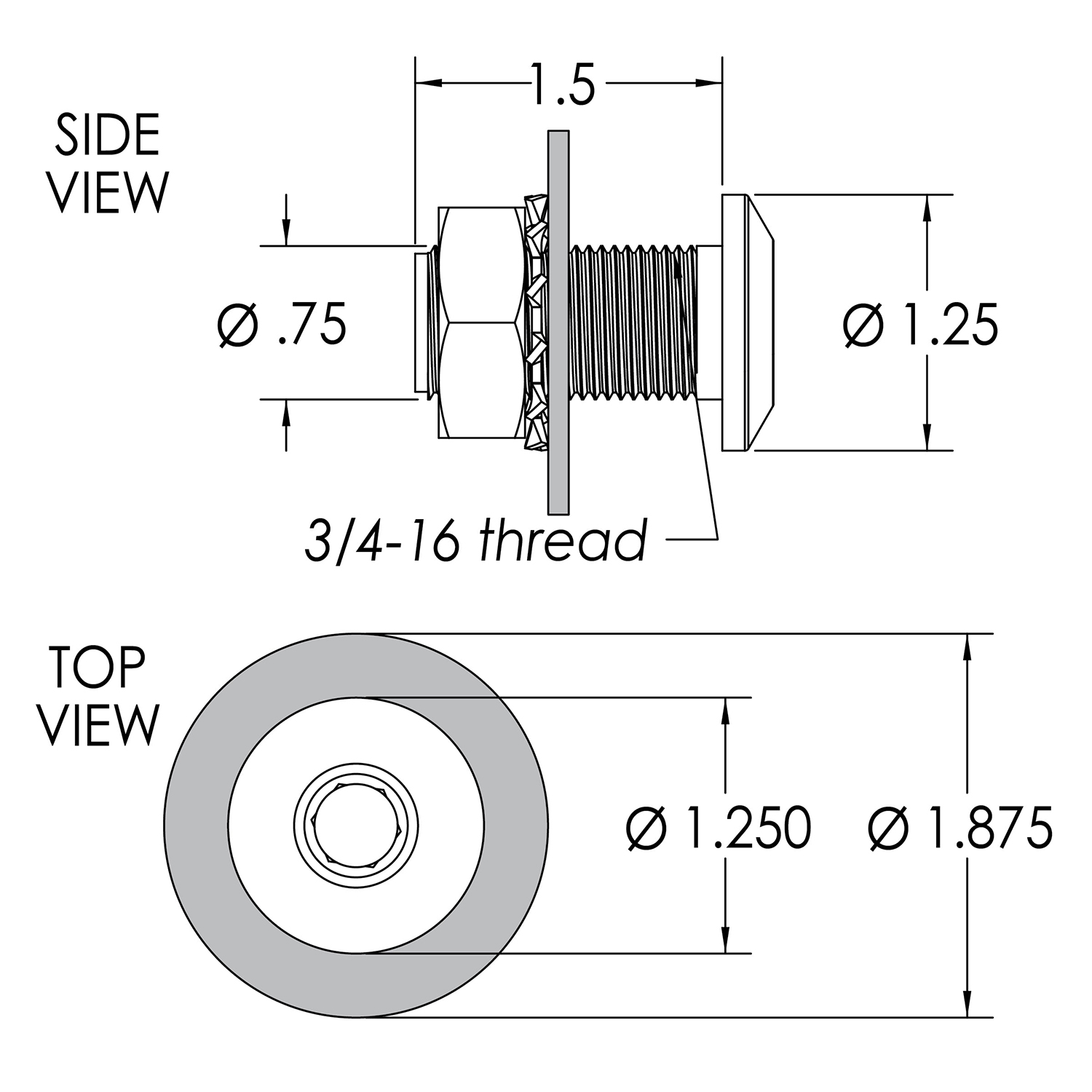 1/2″ Quick Release Fender Base with standard hex nut, no door and 1.5″ of threads – QRBSB-150 Product Image 2